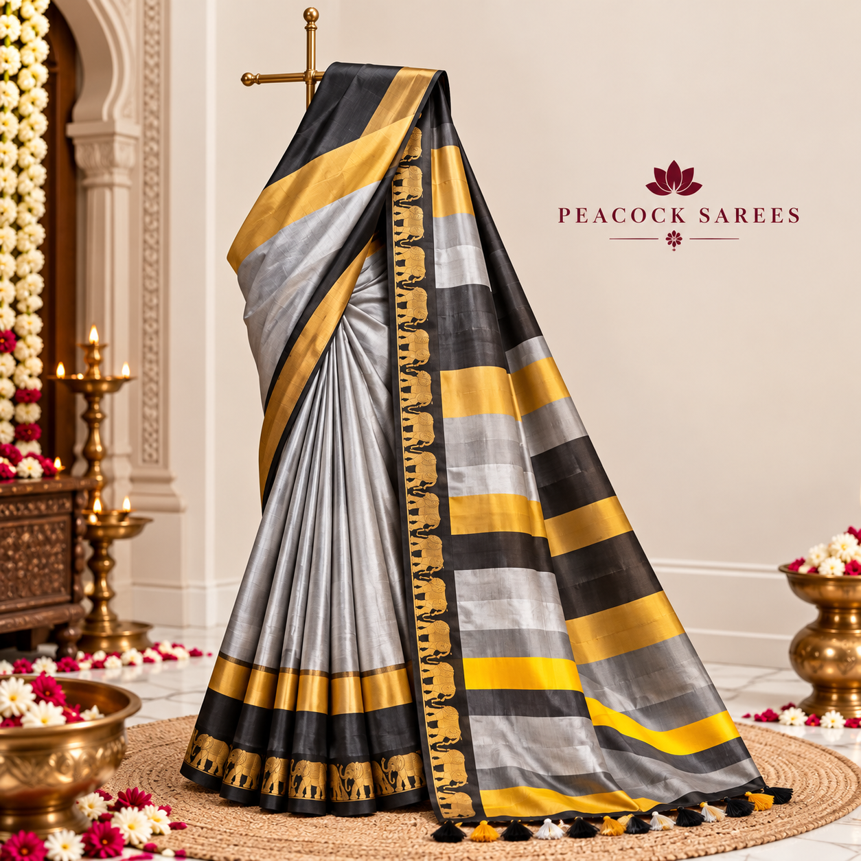 Grey & Black  Soft Cotton Silk Emerald Bloom Saree For Women