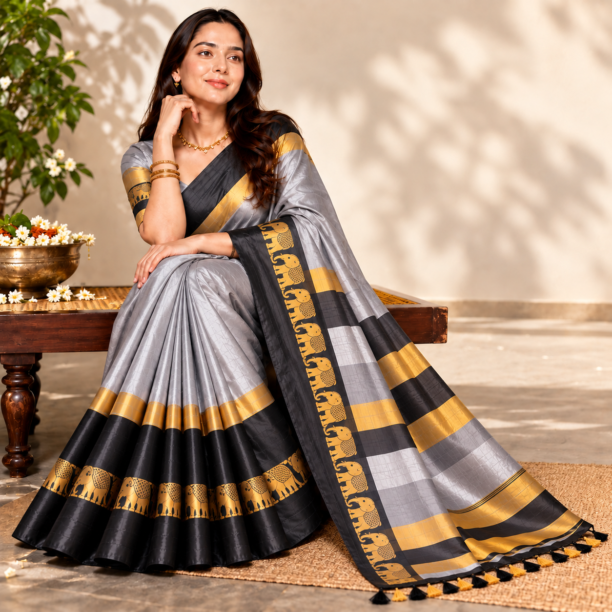 Grey & Black  Soft Cotton Silk Emerald Bloom Saree For Women