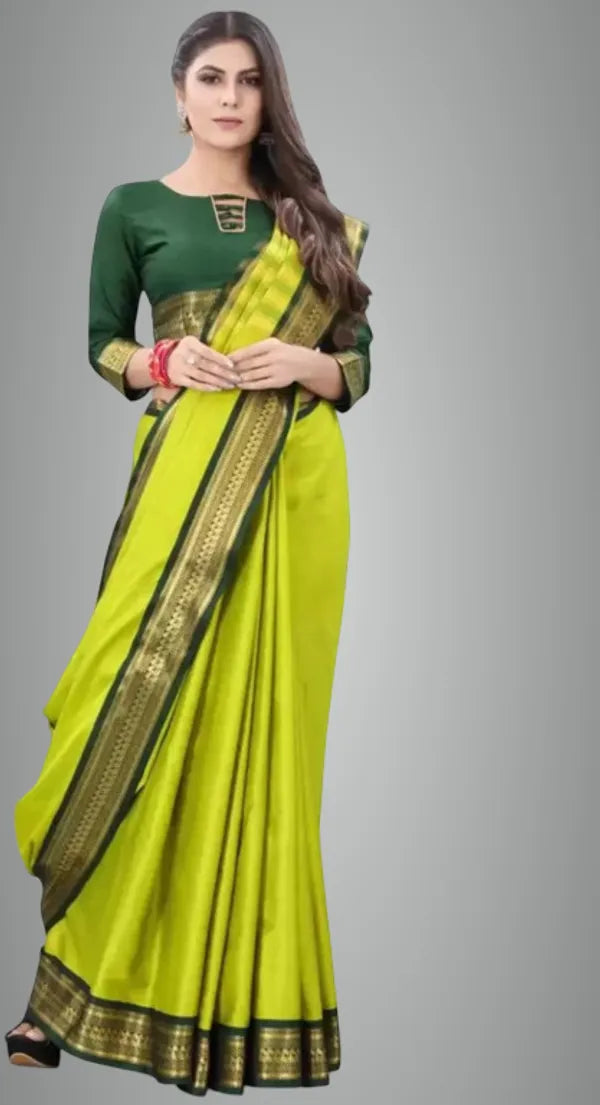GREEN SOFT COTTON SILK EMERALD SERENITY GLOW SAREE FOR WOMEN