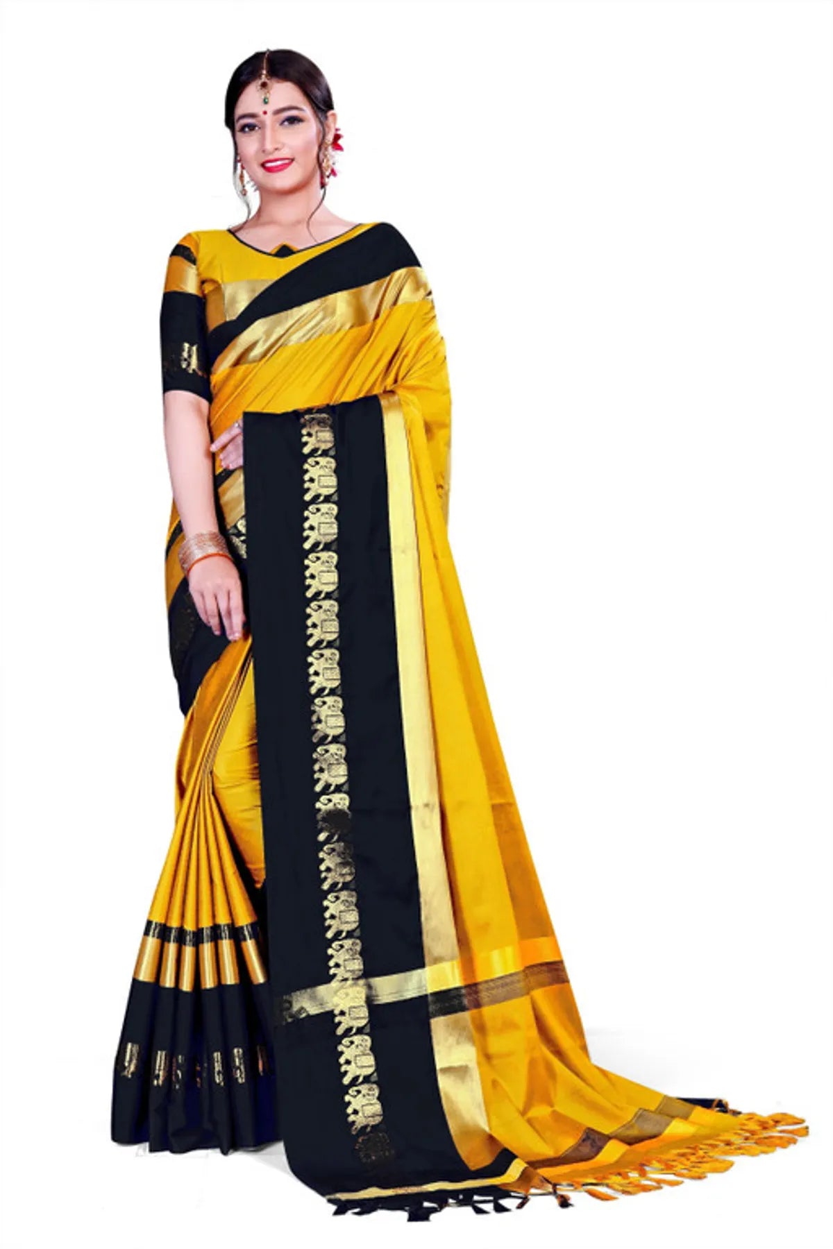 Gold & Black  Soft Cotton Silk Sunburst & Shadow Saree For Women