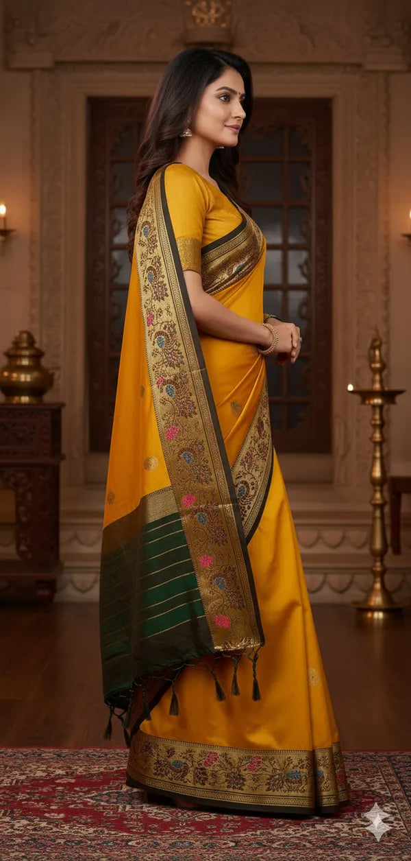 GOLD YELLOW BLACK SOFT COTTON SILK AMBER NIGHT FUSION SAREE