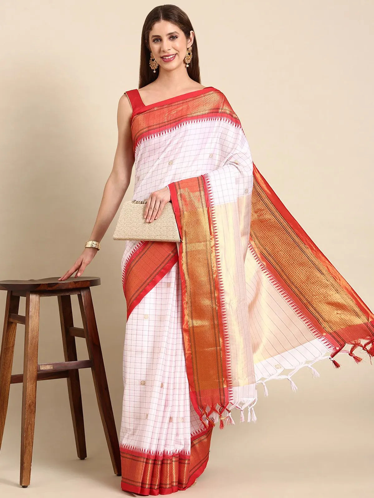 White & Red Soft Cotton Silk Ivory Ruby Radiance Saree For Women
