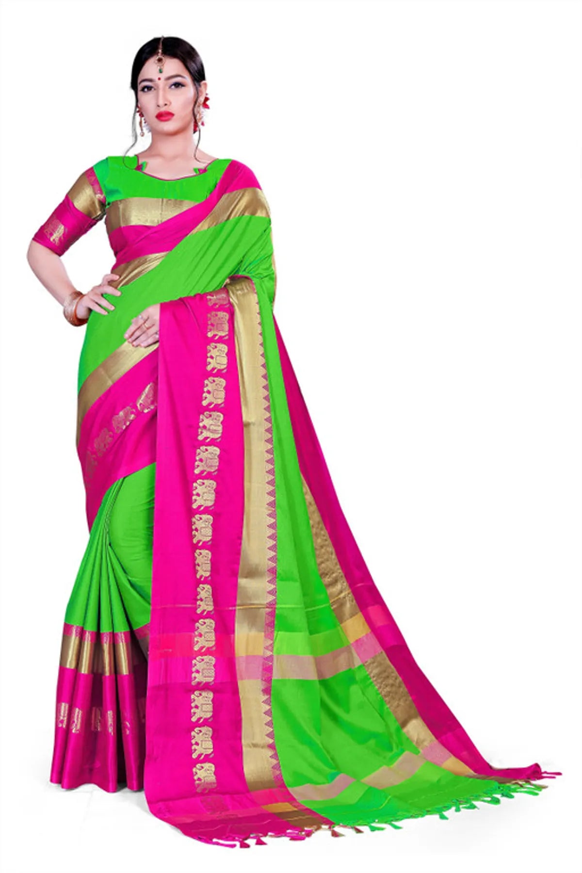 Neon Green and Hot Pink Soft Cotton Silk Electric Fusion Saree For Women